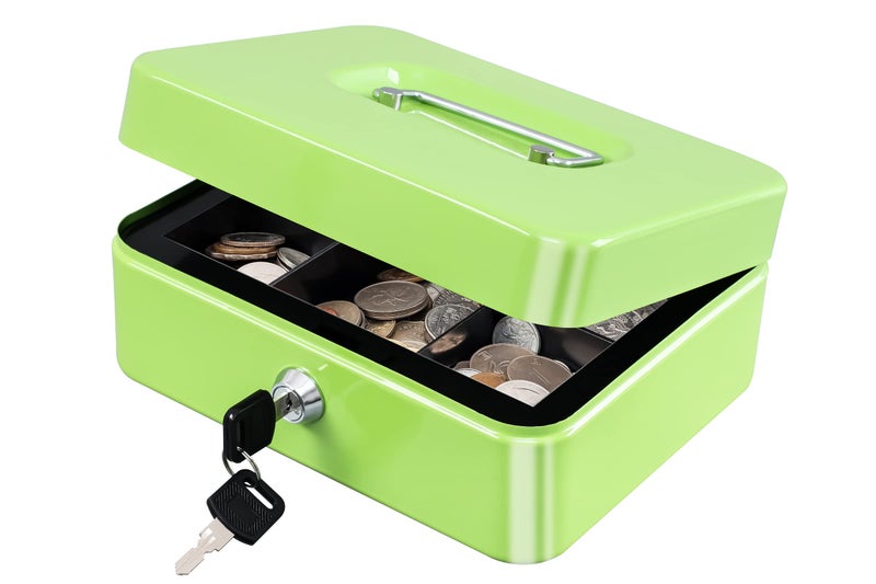 KYODOLED Medium Cash Box with Money Tray Small Safe Lock Box with Key Cash Drawer 7.87 ""x 6.30 ""x 3.54 "" Limegreen Medium - Image 1